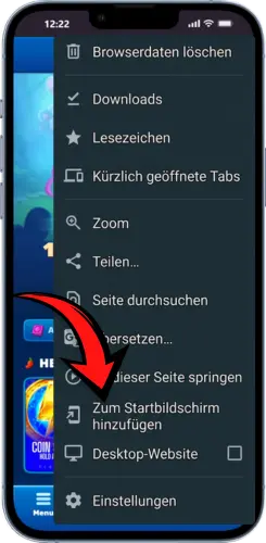 Android Browser Menü mit Drei-Punkte-Symbol für Fishin Frenzy Zugriff
