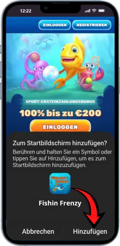 Option „Zum Startbildschirm hinzufügen“ im Android Browser für Fishin Frenzy Shortcut
