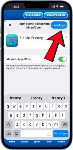 Fishin Frenzy Shortcut auf iOS benennen und mit „Hinzufügen“ bestätigen
