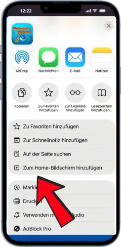 Option „Zum Home-Bildschirm hinzufügen“ im Safari-Menü für Fishin Frenzy Shortcut